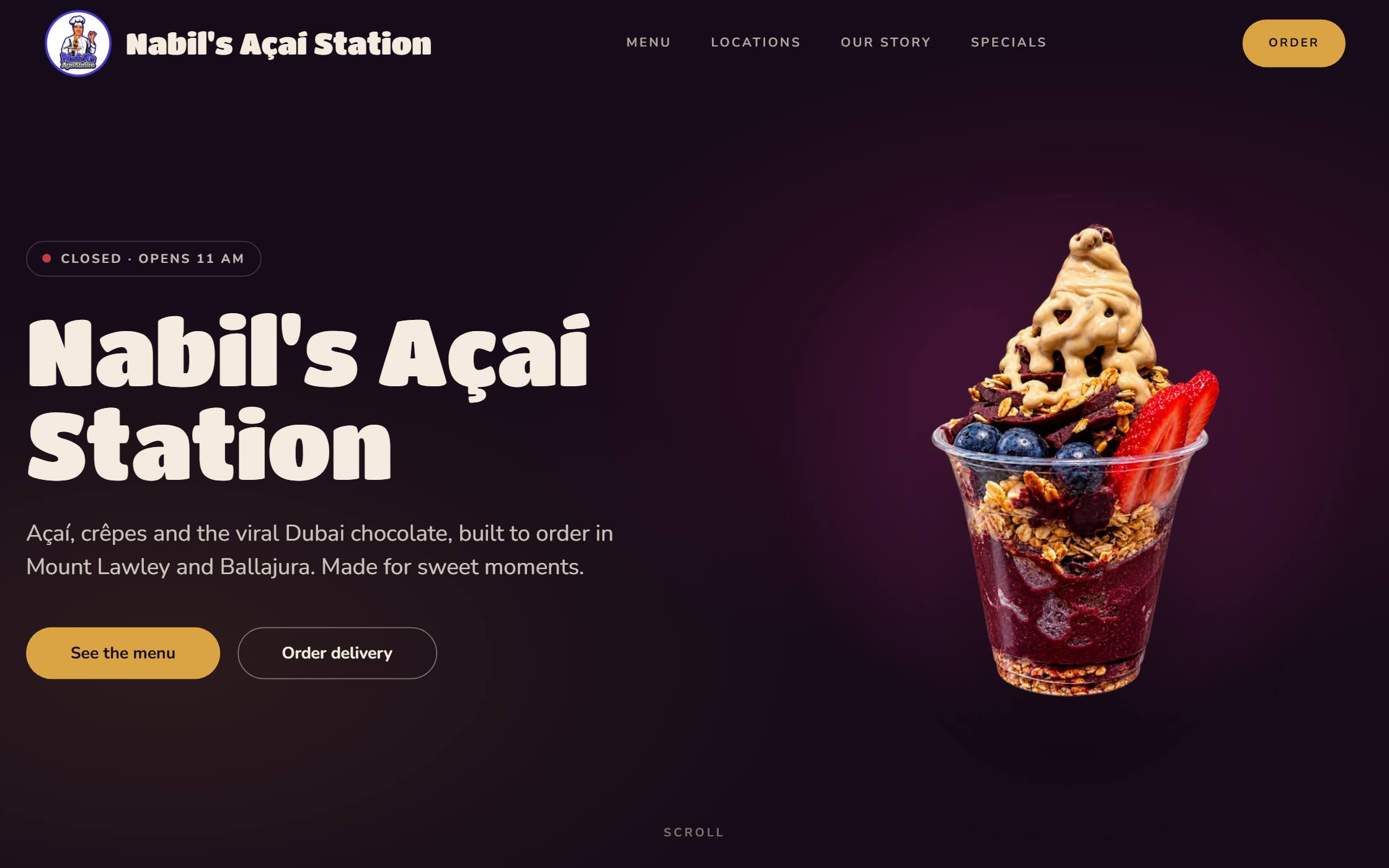 The live Nabils Açaí Station website, built by IQAN